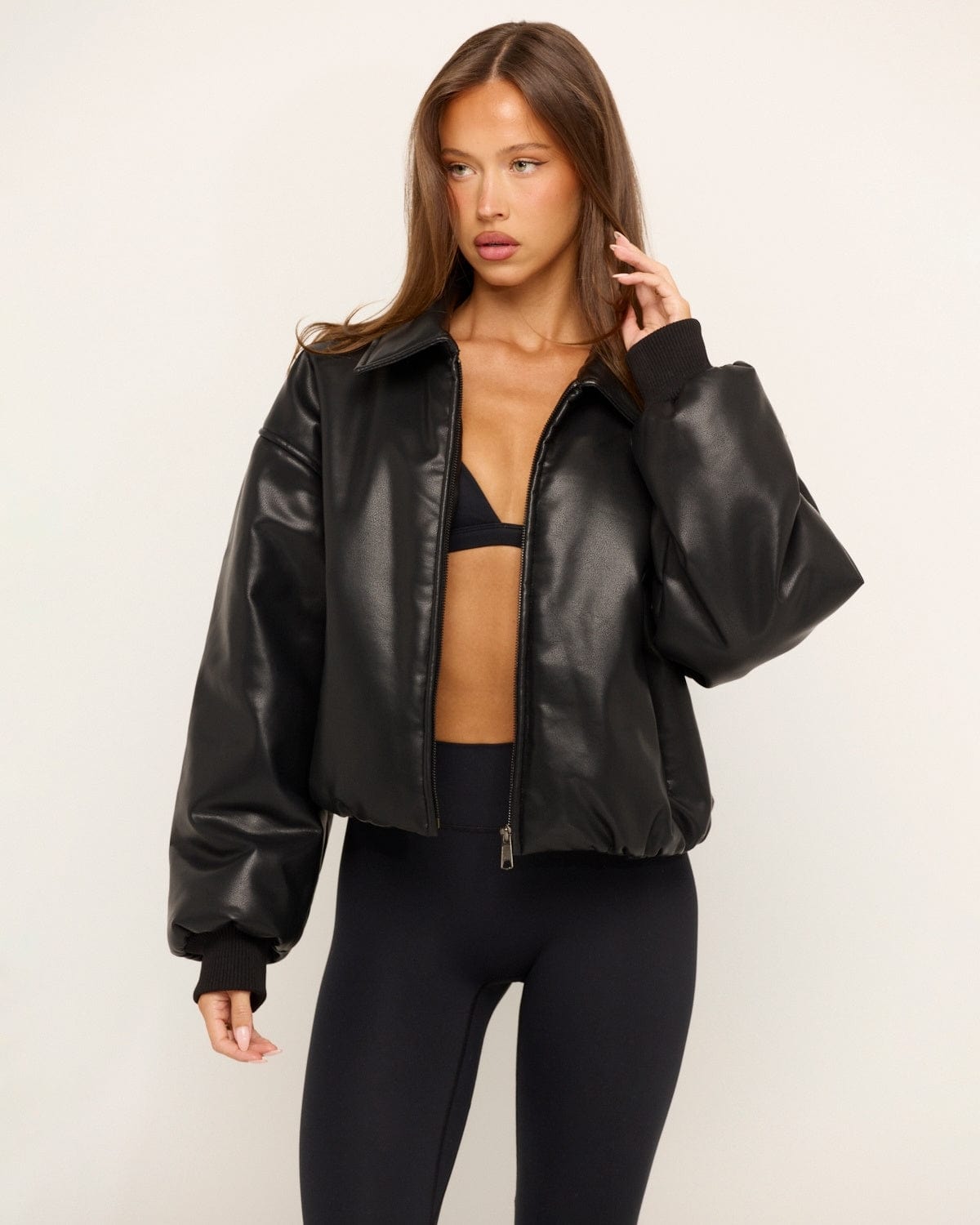 Faux Leather Bomber Jacket | Black