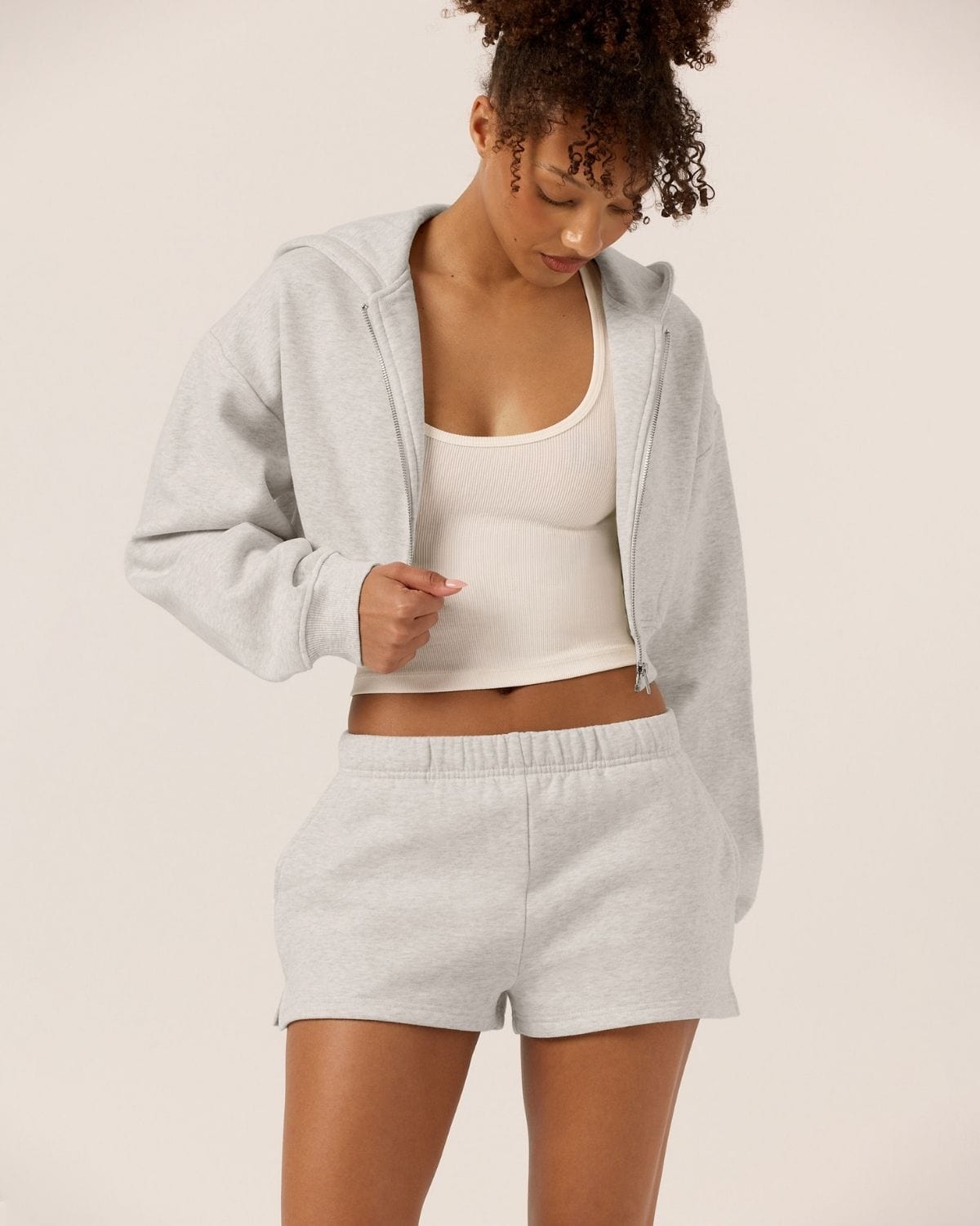 Cropped Zip Hoodie | Snow Marl