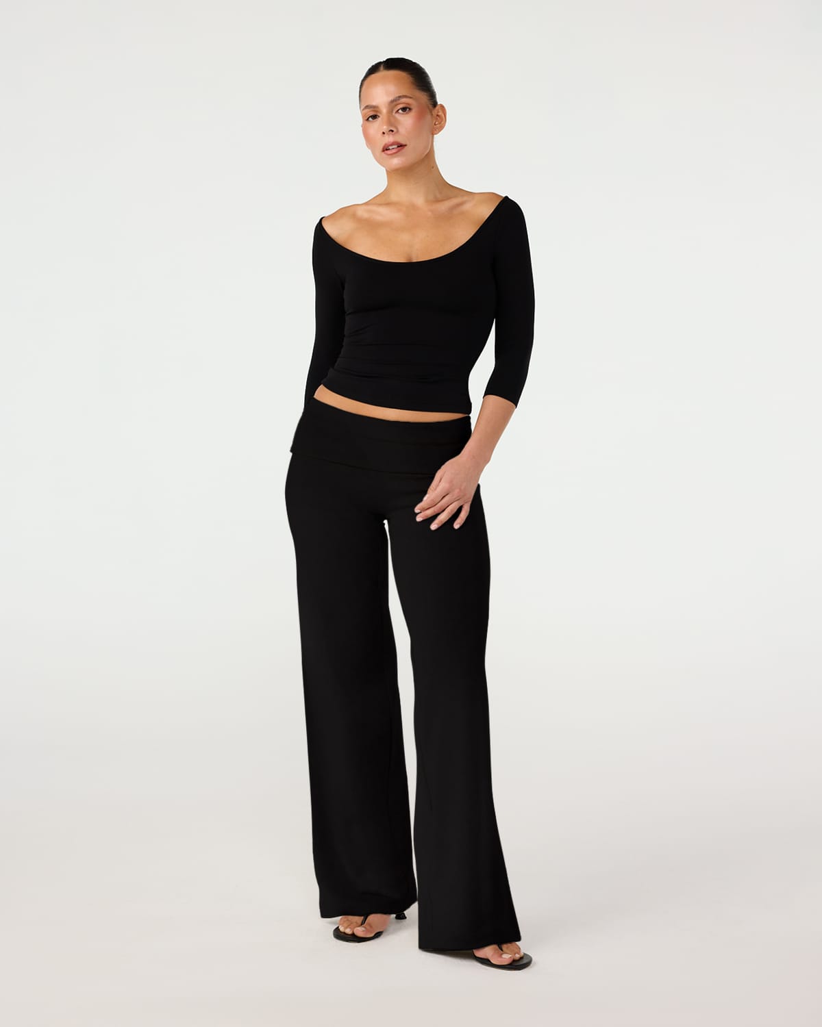 Foldover Jersey Straight Leg Pants | Black