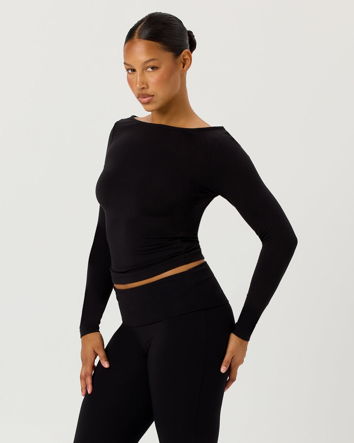 Boat Neck Long Sleeve Top | Black