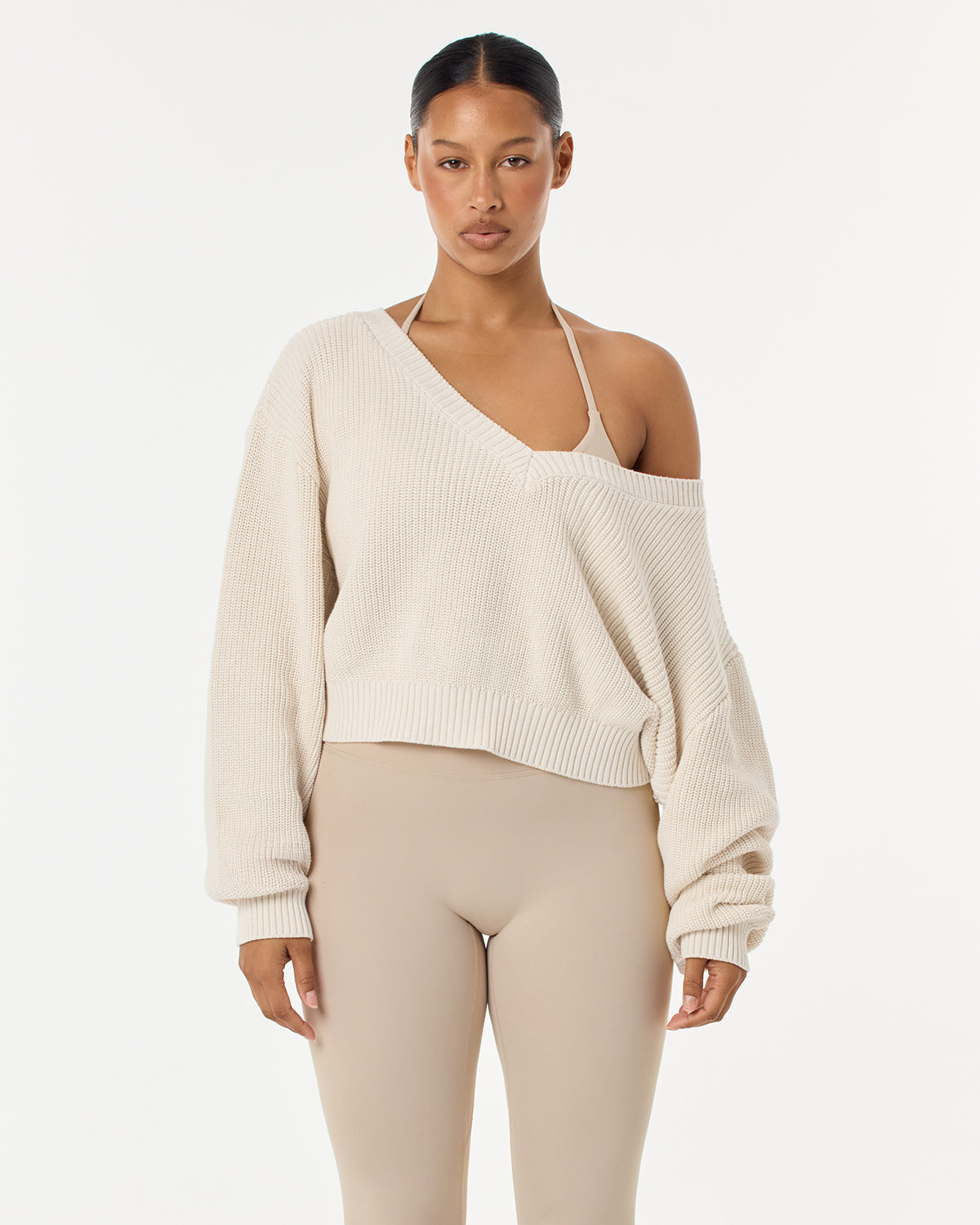 Cropped Off Shoulder Knit Jumper | Vanilla