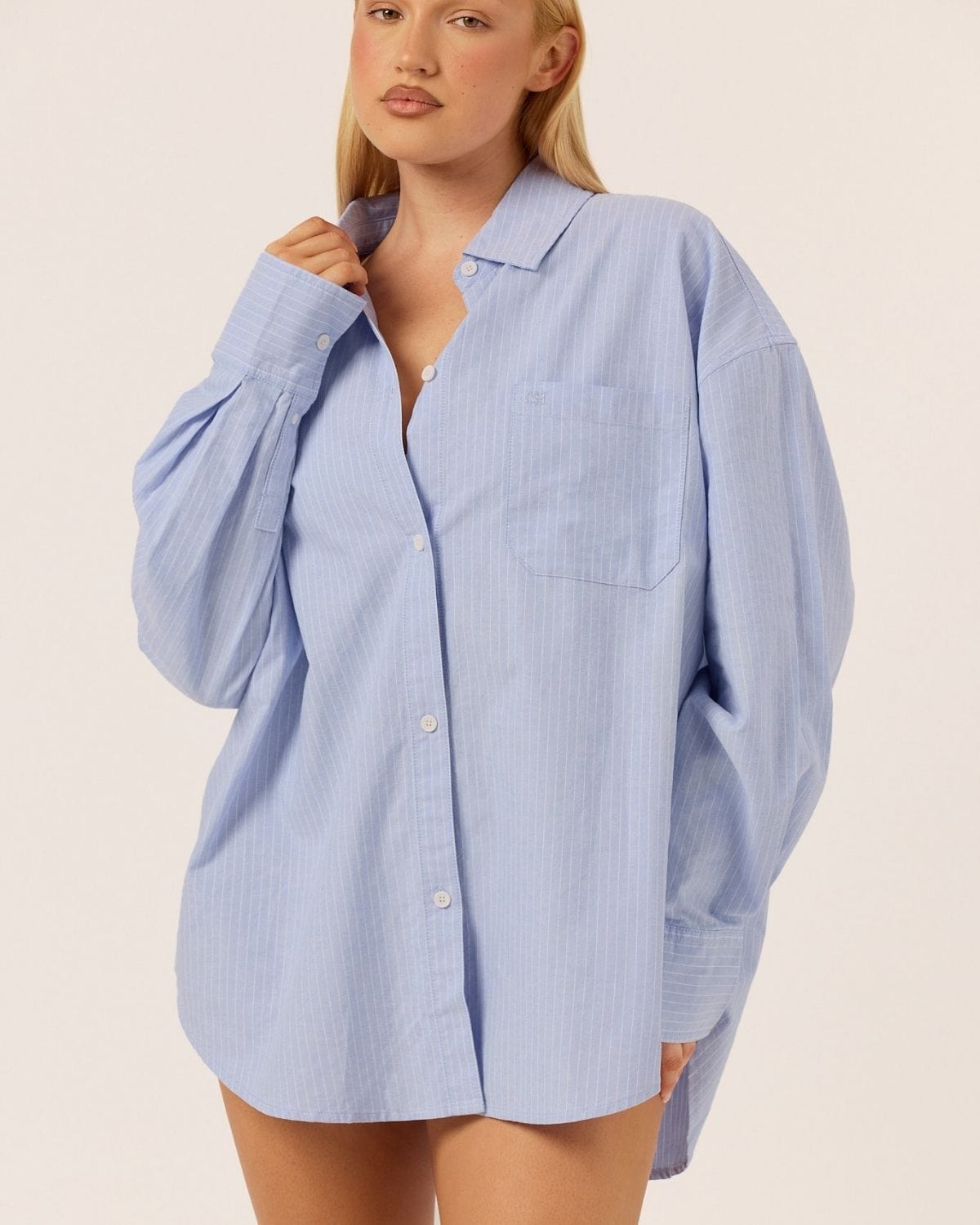 Stripe Oversized Button Up Shirt | Dusty Blue S Stripe Oversized Button Up Shirt | Dusty Blue S