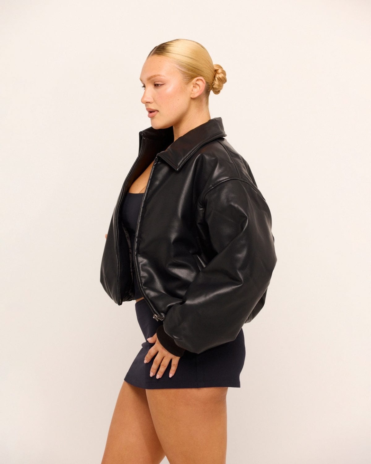 Faux Leather Bomber Jacket | Black