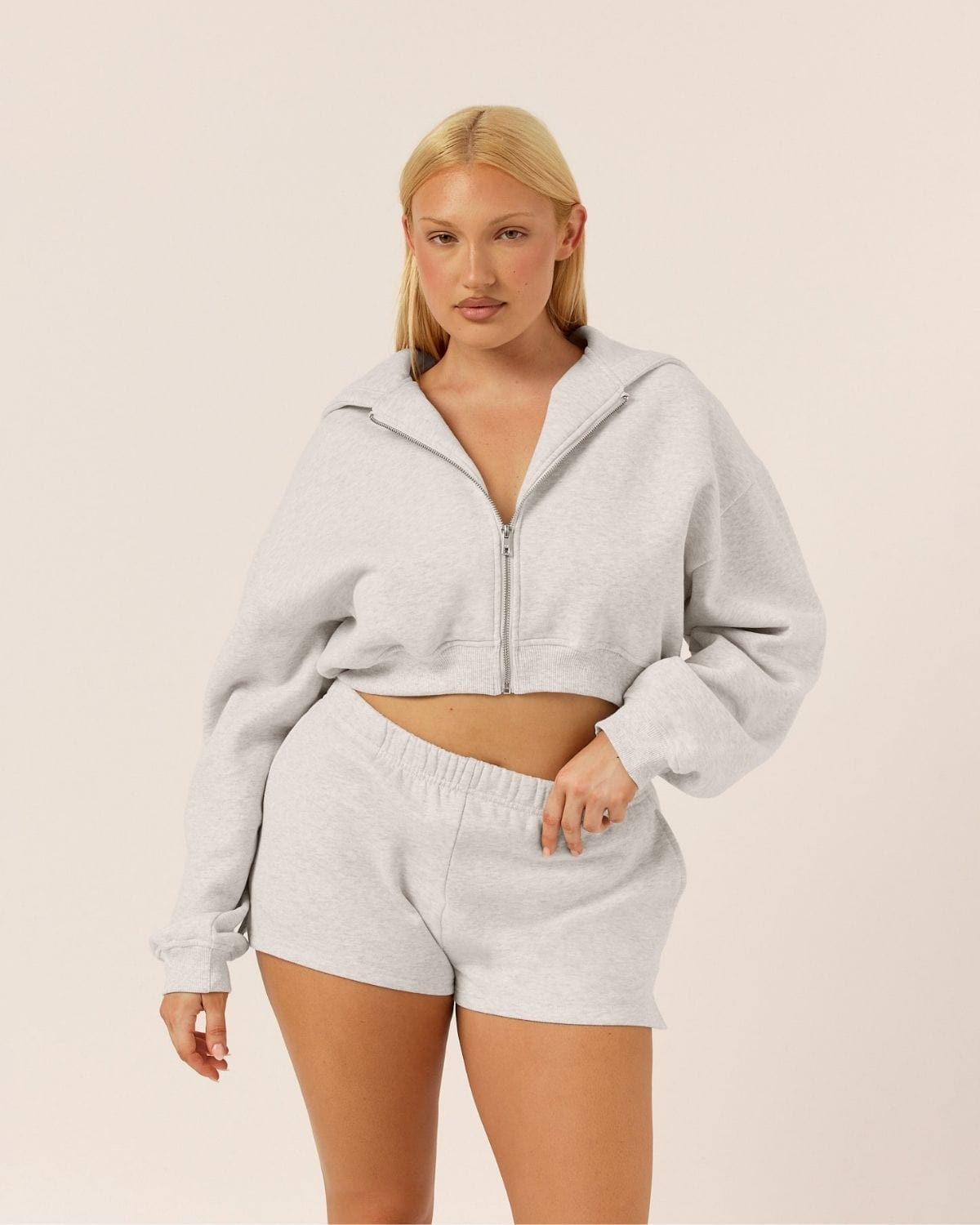 Cropped Zip Hoodie | Snow Marl