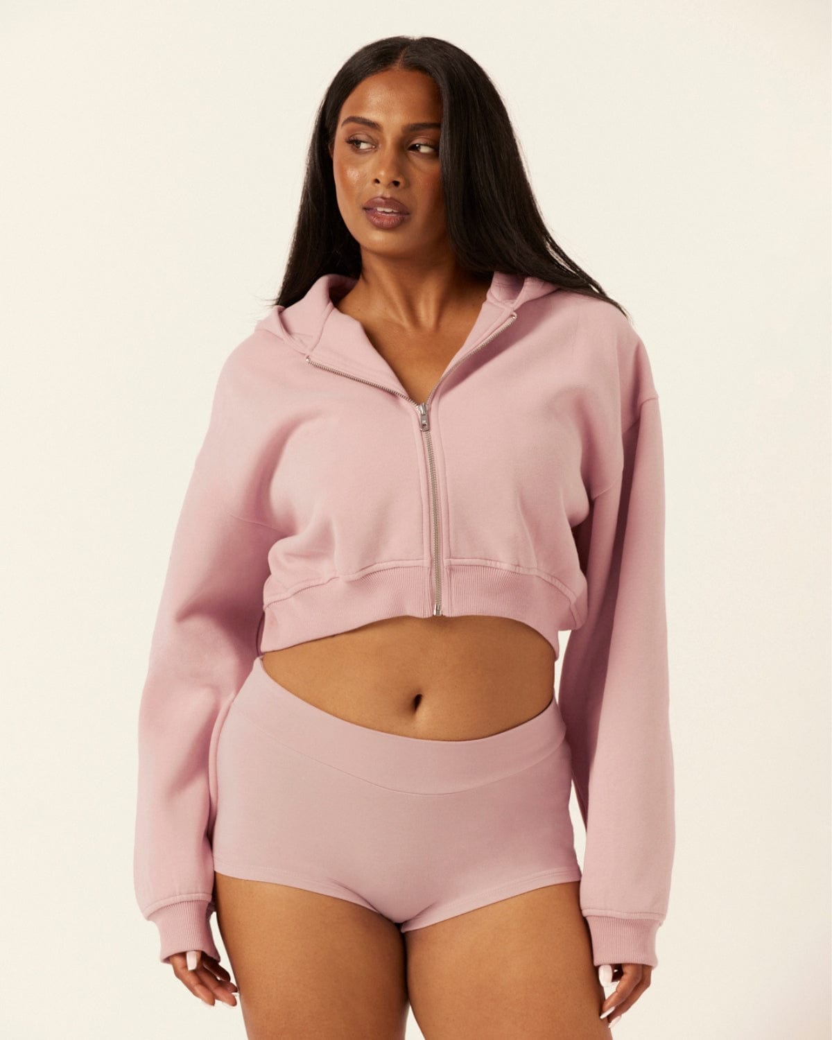 Cropped Zip Hoodie | Dusty Pink