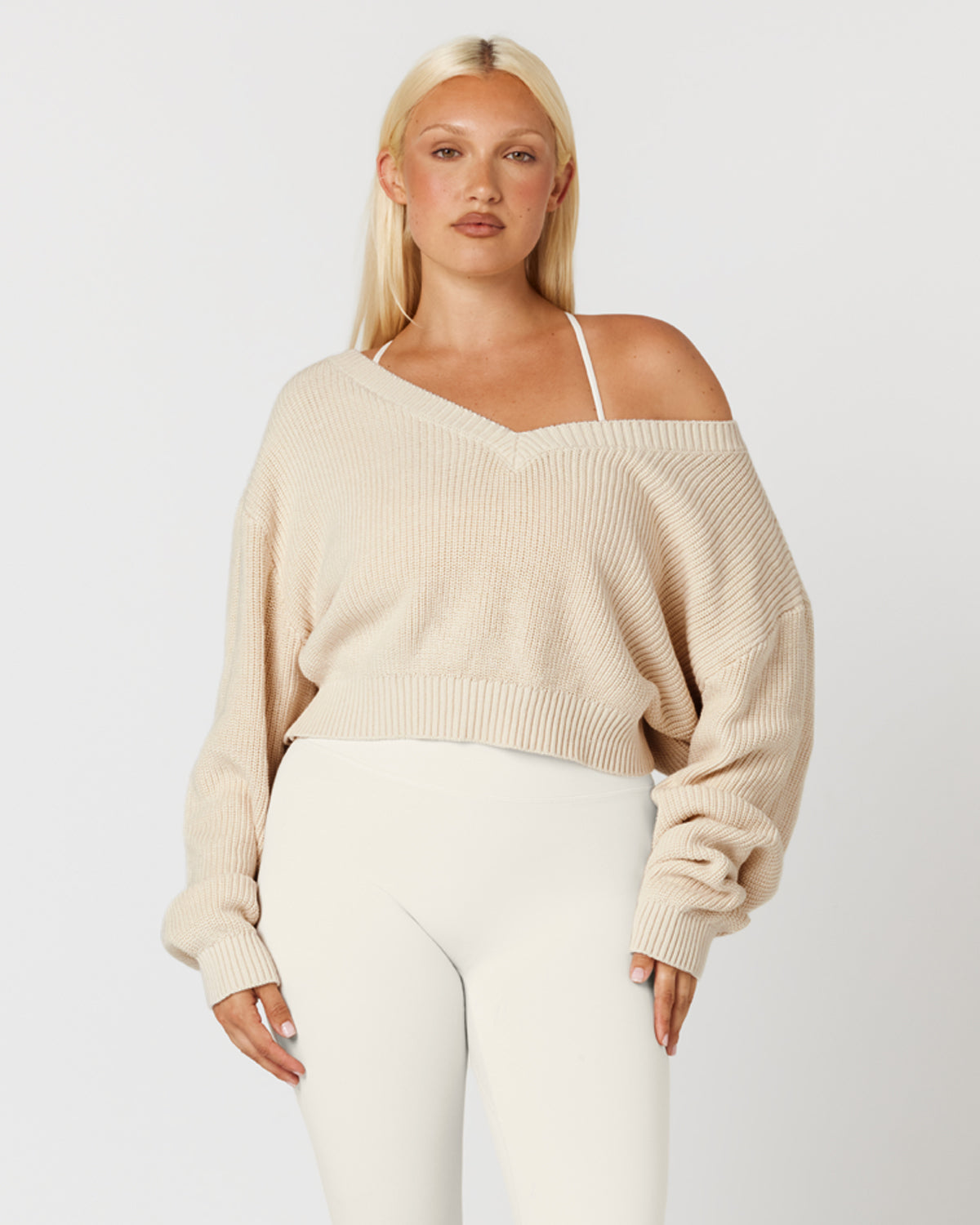 Cropped Off Shoulder Knit Jumper | Vanilla