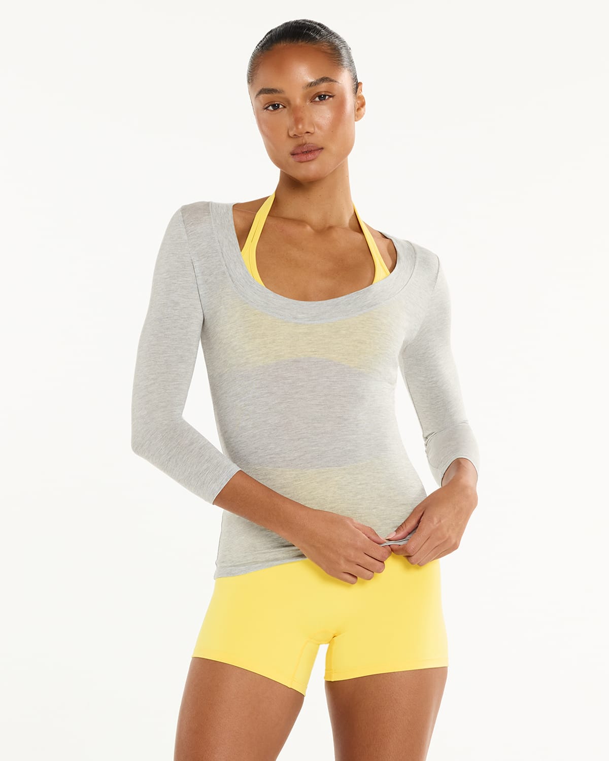 Sheer Jersey Scoop Neck 3/4 Sleeve Top | Grey Marle