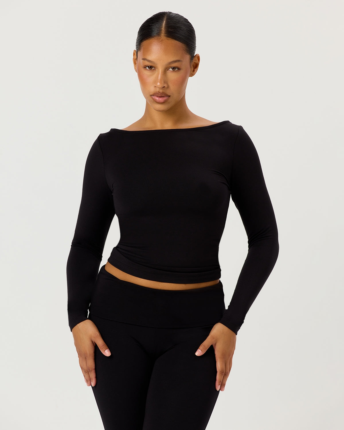 Boat Neck Long Sleeve Top | Black