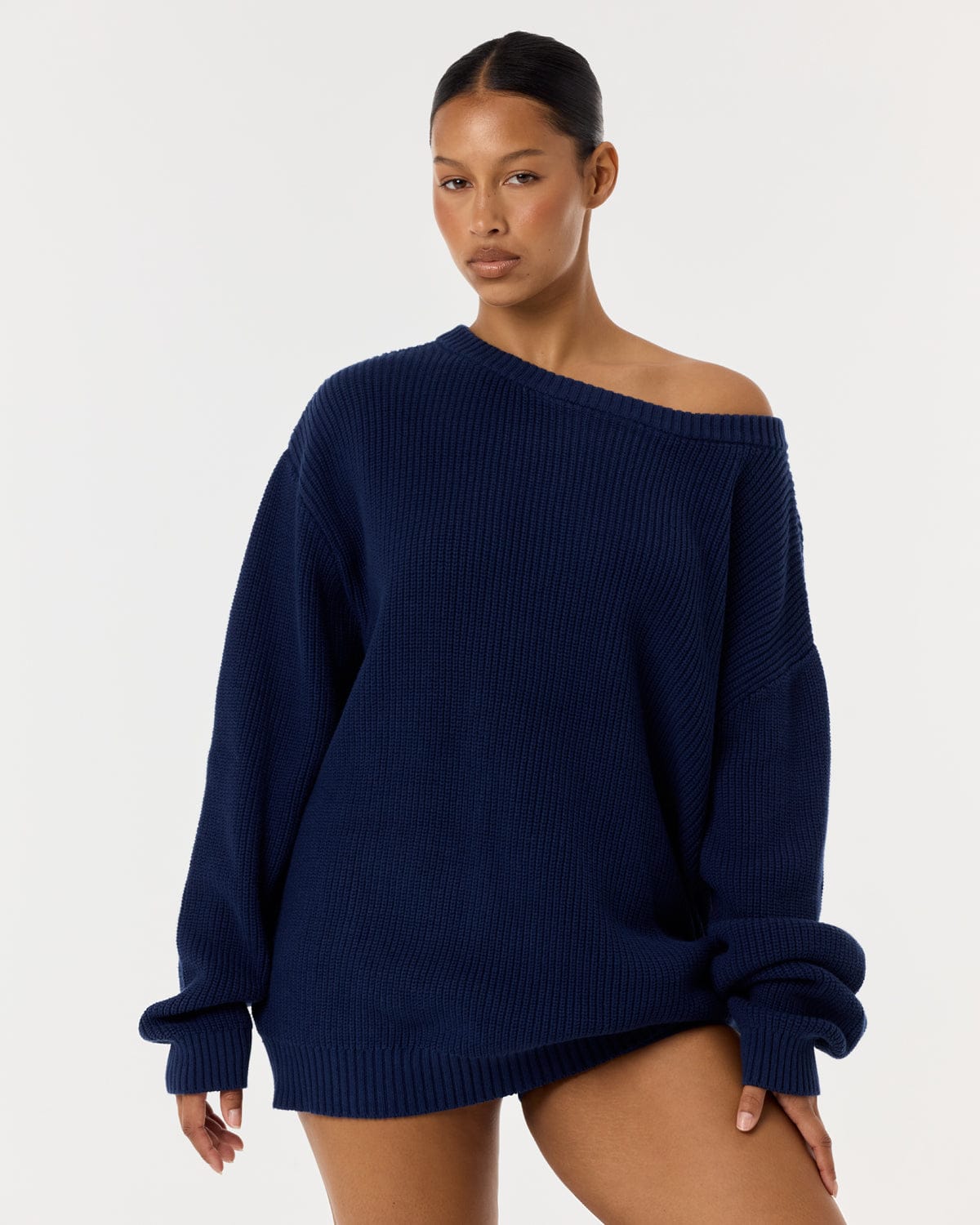 Off Shoulder Knit Sweater | Navy