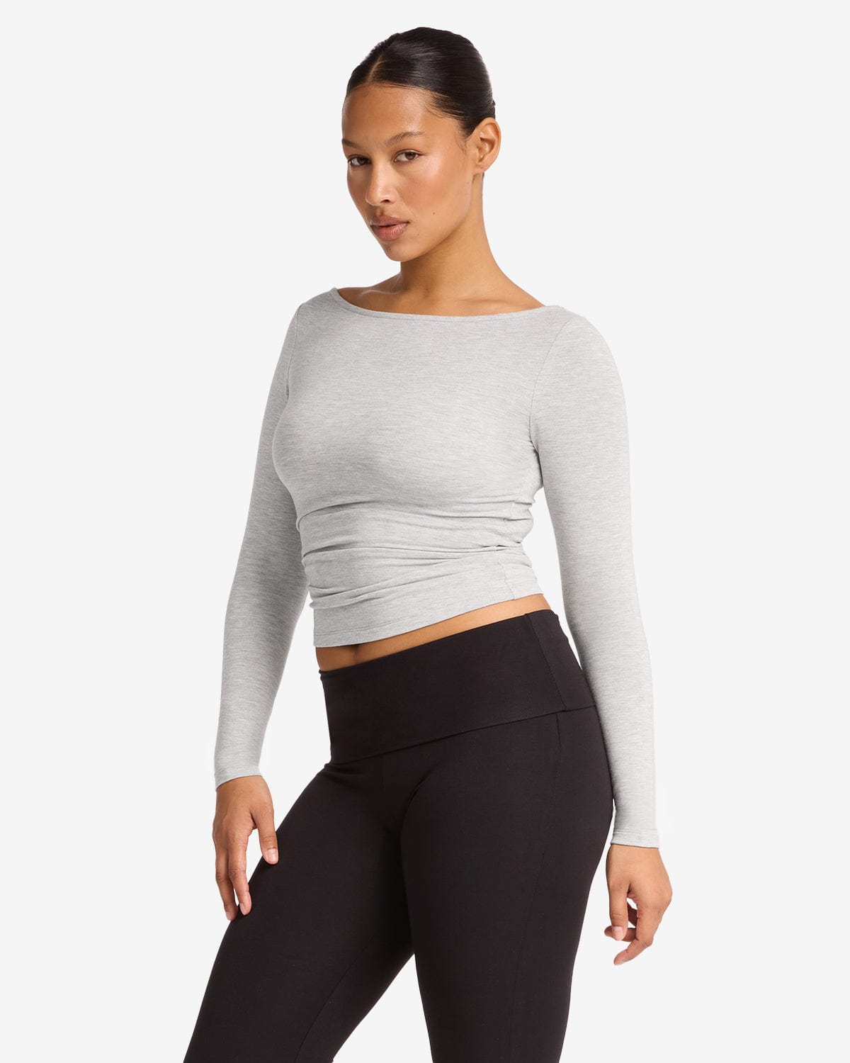 Boat Neck Long Sleeve Top | Snow Marl
