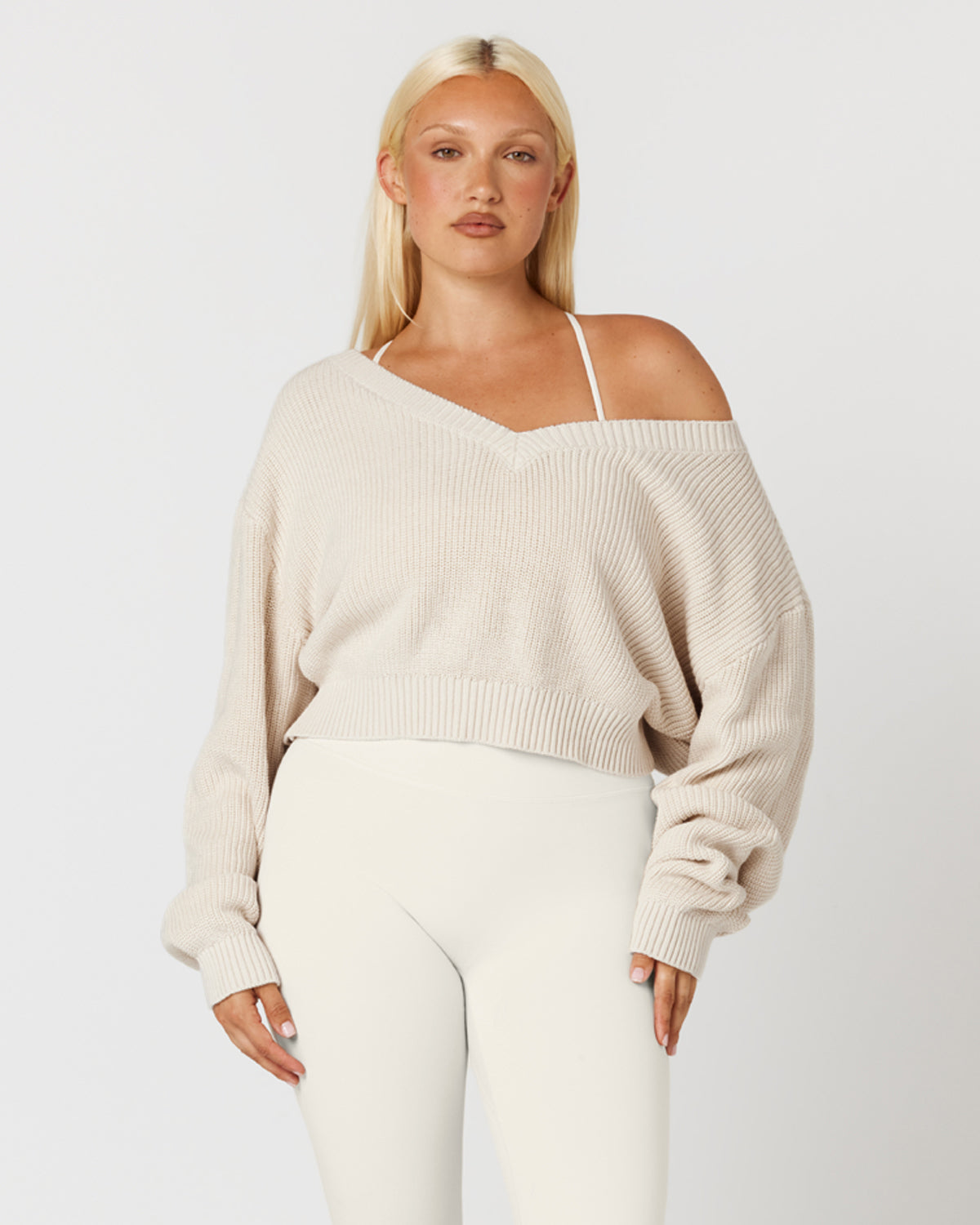 Cropped Off Shoulder Knit Jumper | Vanilla