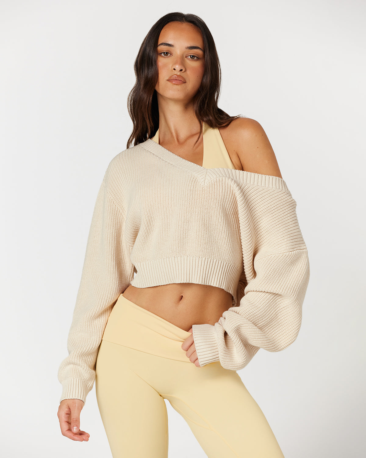 Cropped Off Shoulder Knit Jumper | Vanilla