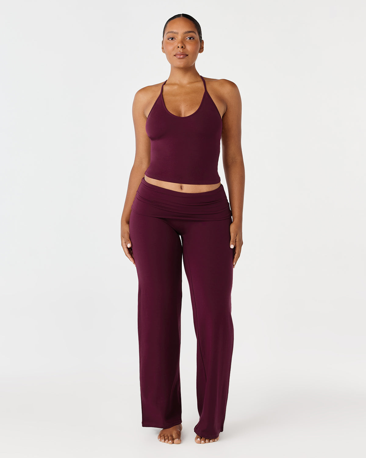 Foldover Jersey Straight Leg Pants | Deep Berry