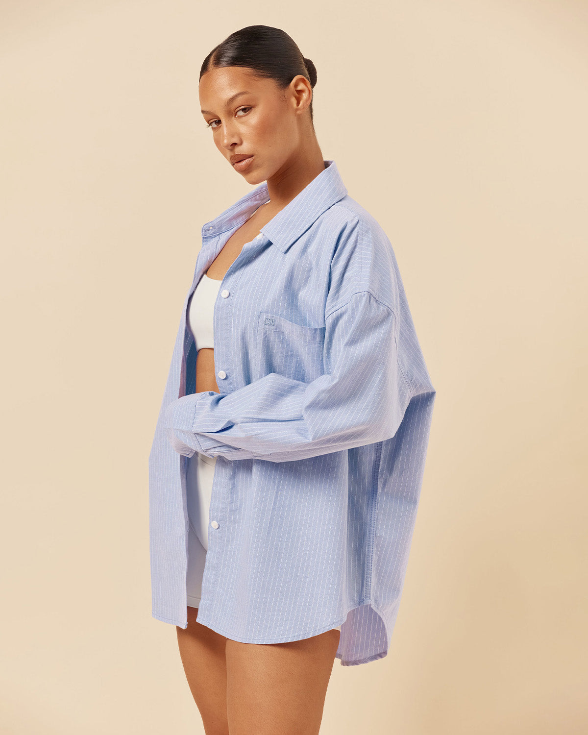 Stripe Oversized Button Up Shirt | Dusty Blue